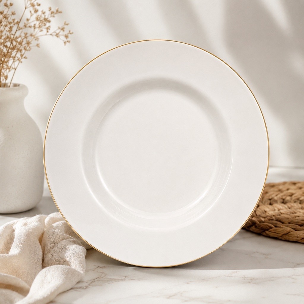 INDO KERAMIK Piring Rim Lis Emas Modern Porcelain 23.5cm Putih Horeca