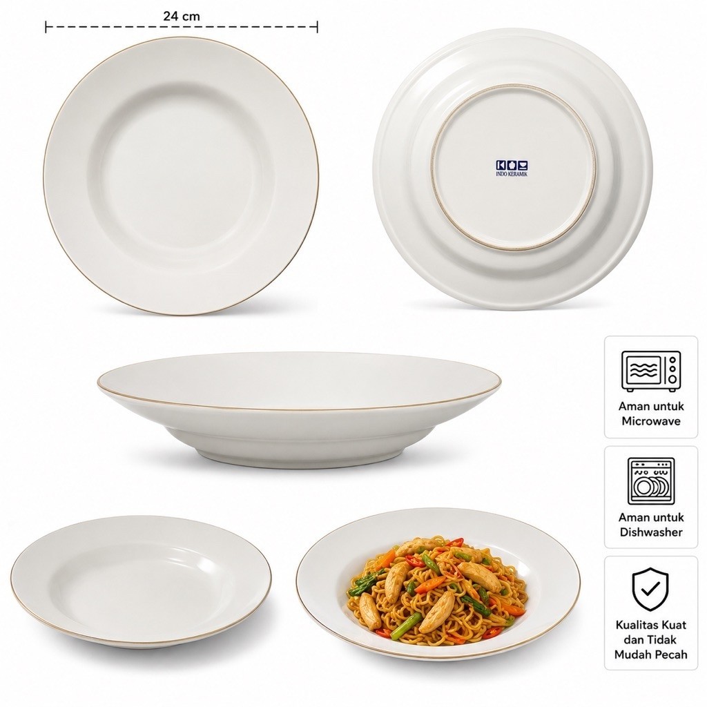 INDO KERAMIK Piring Rim Lis Emas Modern Porcelain 23.5cm Putih Horeca — thumbnail 7